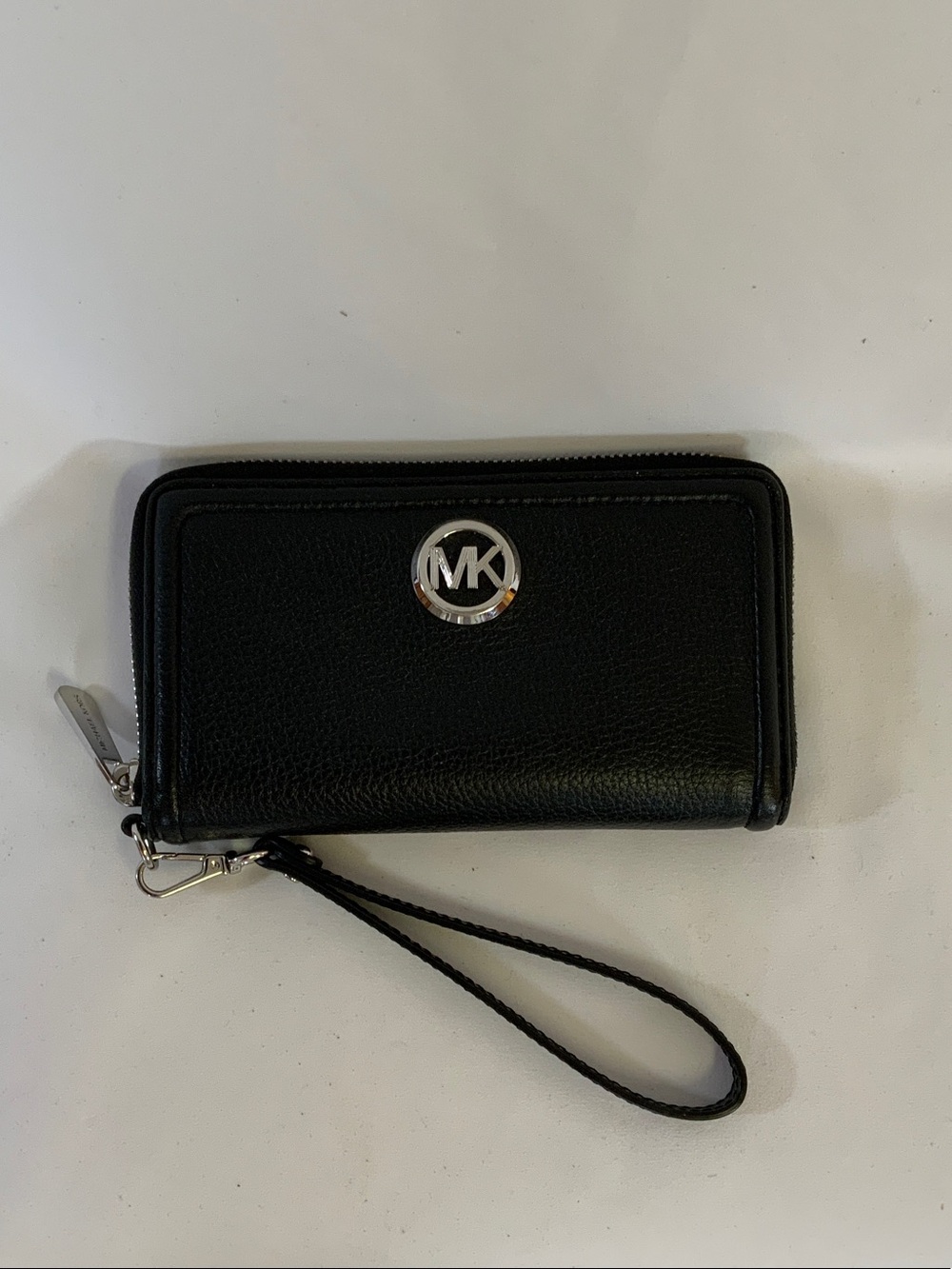 Michael Kors Black Leather Zip Wristlet with Silver MK Logo